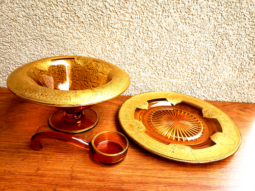 Antique Rare Design 3-piece Serving Set by Tiffin Franciscan Yellow Amber Glass - Picture 6 of 13