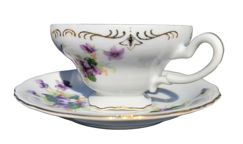 Taza de té y platillo de China de lujo Saji Japón patrón violeta pintados a mano diseños dorados - Imagen 5 de 9