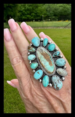 NAVAJO~MIXED TURQ~ROYSTON TURQUOISE ~SS ~CLUSTER ~RING~CHARLES JOHNSON