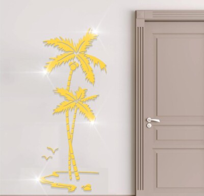 Acryl Spiegel Wandaufkleber für Schlafzimmer, 3D Gold Kokosnuss Palme, 59 * 25 Zoll