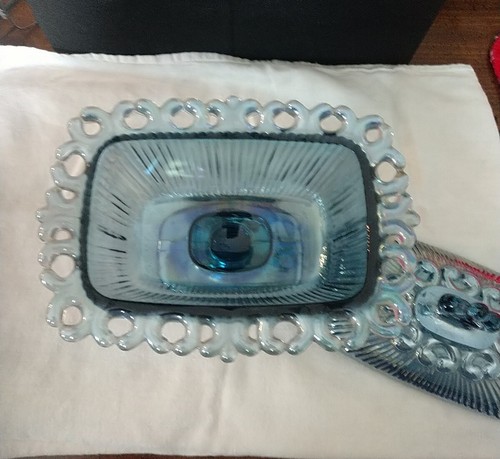 Vtg 70s Indiana Iridescent Blue Carnival Glass Footed Candy Dish Pedestal w/ Lid - Picture 4 of 8