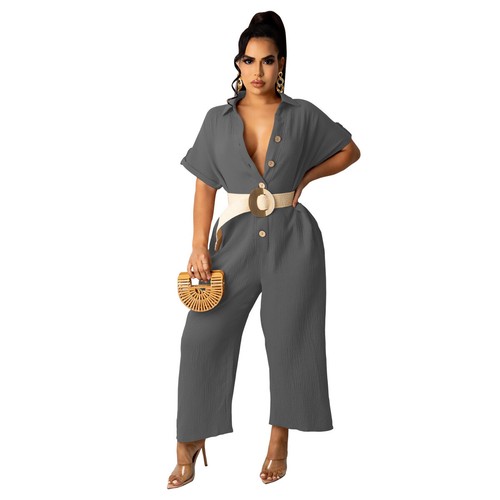 Trendiger Damen Jumpsuit Kurzarm Einfarbig Freizeit Knöpfe Weite Lang Club Party - Bild 5 von 17