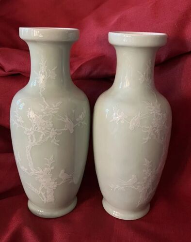Jarrones chinos verdes Celadon 2 imágenes especulares pasta blanca República Jingdezhen Zhi - Imagen 6 de 21