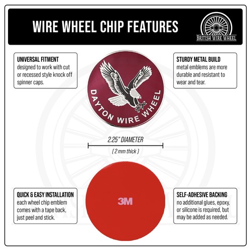 Dayton Eagle Chrome & Burgundy Wire Wheel Chip Emblems | 2.25" | Set or Single - Picture 9 of 21