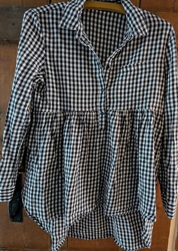 Zara Shirt Blouse Top Black White Gingham Check Peplum Smock Top 12/14