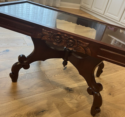 Antique Rectangular Brown Rosewood Coffee Table Glass Inset Top 35x17x16.75