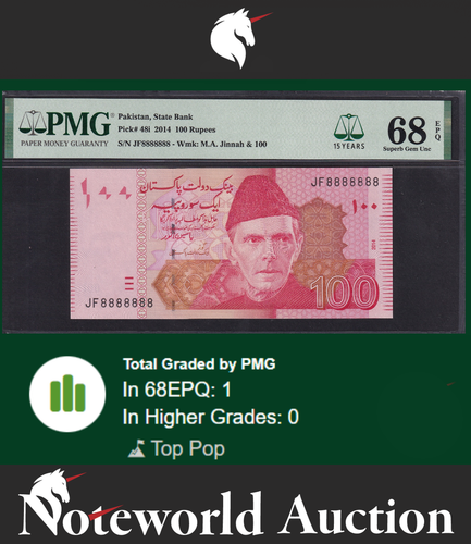 Pakistan 100 Rupees 2014 P 48i SOLID 8 - 8888888 UNC PMG 68 EPQ TOP POP - Afbeelding 1 van 5