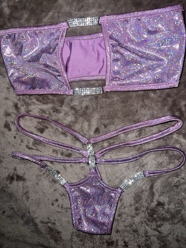 Holo lilac rhinestone bandeau stripper bikini exotic dancewear rave pole wear - Picture 3 of 9
