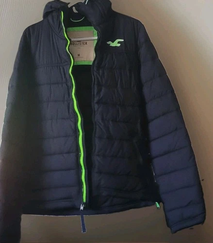 Y2K Hollister Puffer Jacket M Black NEON Accent Trim Hooded Full Zip  - product listing photo