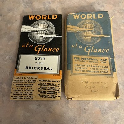 Vintage 1939 WORLD AT A GLANCE Cleartype US & World Map FOLDOUT w/ STATS