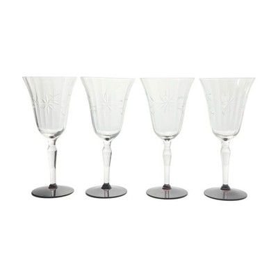 1950s Vintage 4 Ruby Red Footed Star Flower Etched Optic Wine Glasses 7 3/4  8oz