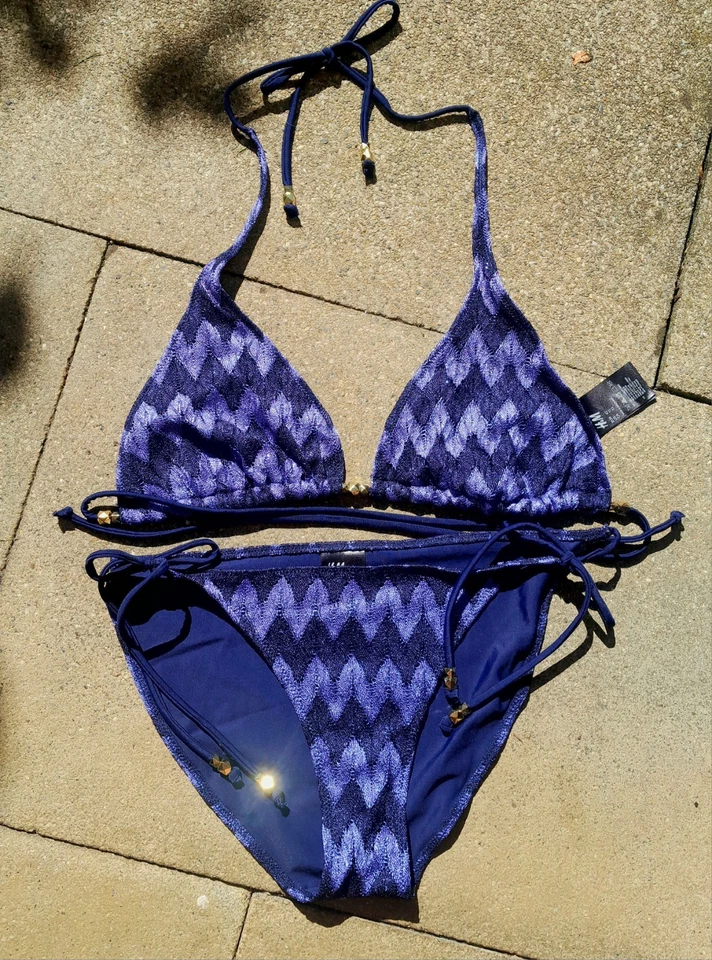 H&M Bikini, Gr. 40, pflaume, Häkeloptik, Perlen, m. Bändchen zum Verstellen, neu