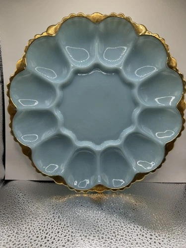 RARE Vintage Fire King Delphite Blue Milk Glass Deviled Egg Plate Gold Trim