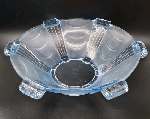Stolzle Blue Part Frosted Glass Bowl Pattern #19677 c.1930s Czech Vintage - Picture 1 of 15
