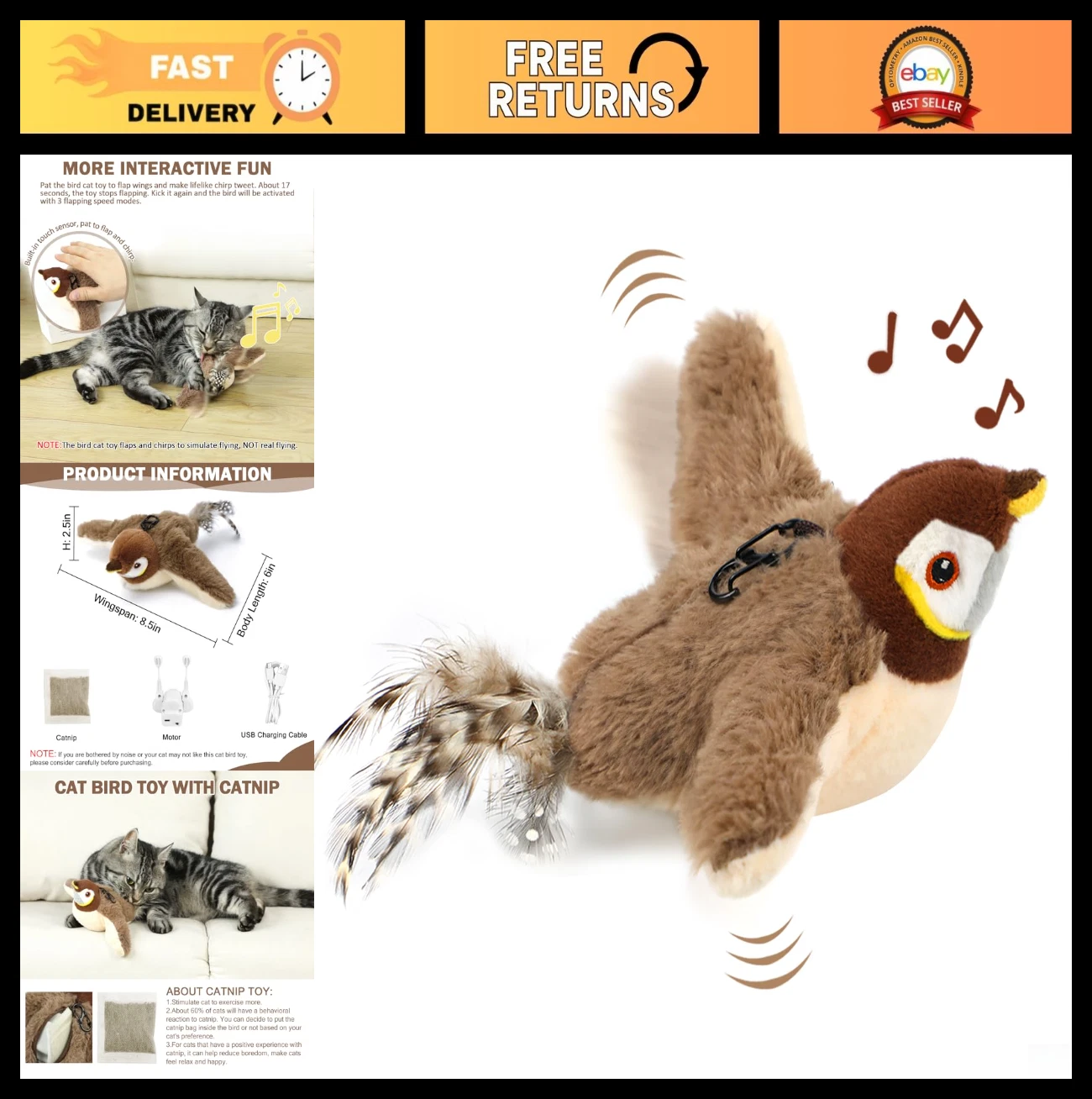 Interactive Flapping Bird Cat Toy - Rechargeable Chirping Kicker for Indoor Cats