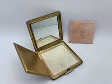 Vintage Ritz Gold Tone Mid-Century Brass Mirrored Makeup Compact With Puff USA
