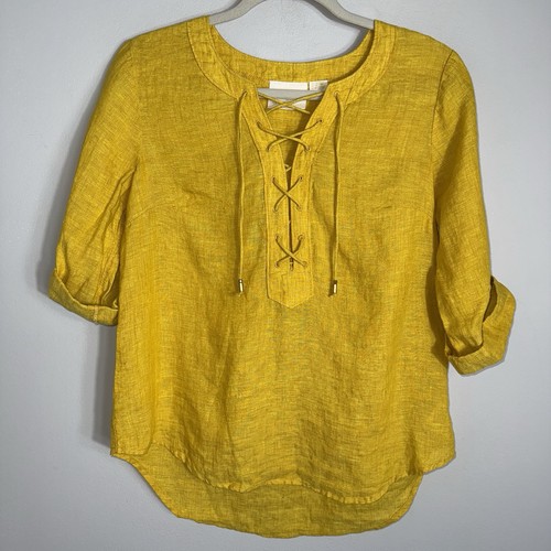 Maeve Anthropologie 100% Linen Top Blouse-Short Sleeve-Mustard Yellow-US 2 - Picture 2 of 8