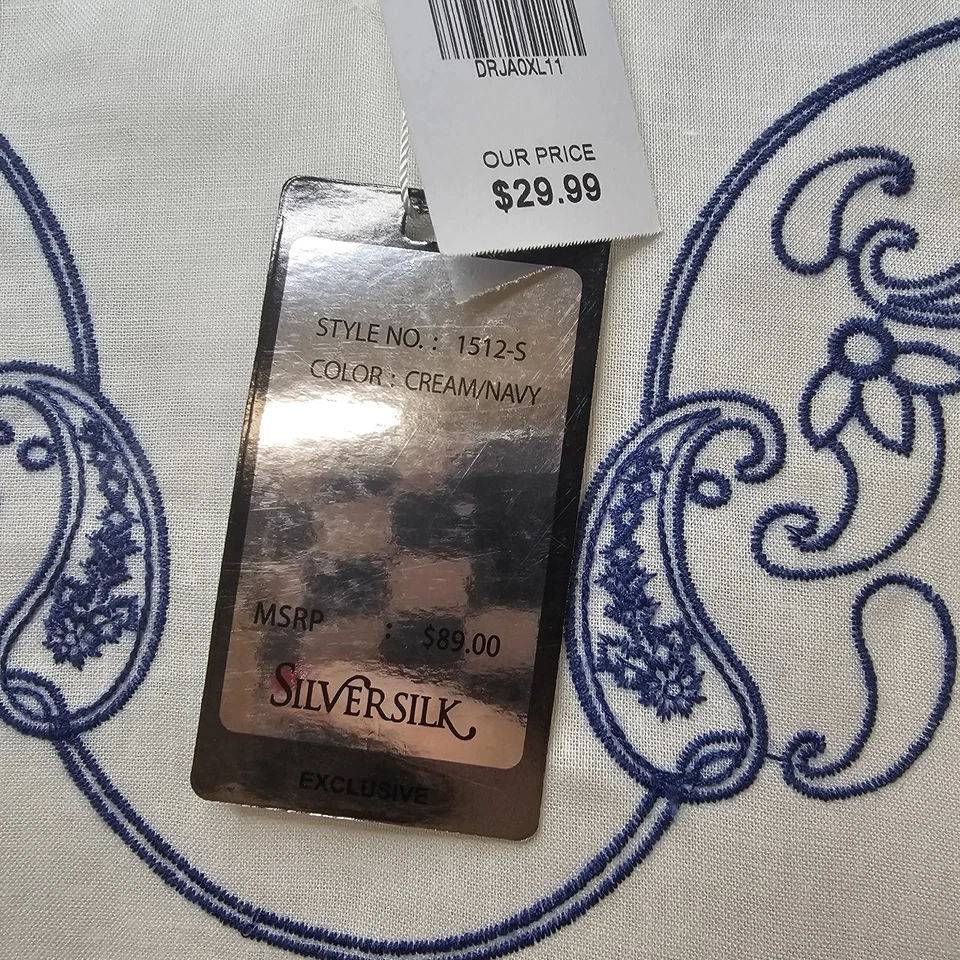 SilverSilk льняной смеси вышитая рубашка белый кремовый синий мужской размер XL новый с Ярлыками - Изображение 4 из 4