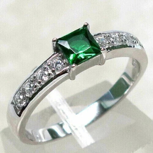 Princess Cut Simulated Emerald Women's Stunning Band Ring 14K White Gold Plated - Picture 1 of 4