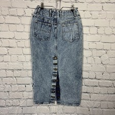 Whipp Vintage 80s 90s Acid Wash Blue Denim Midi Skirt Back Button Slit Size 9/10