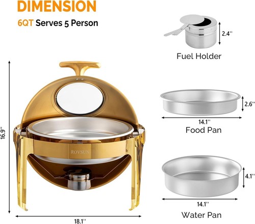 6 QT Round Chafing Dish Buffet Set with Food Pan for Catering Events Parties NEW - Picture 2 of 4