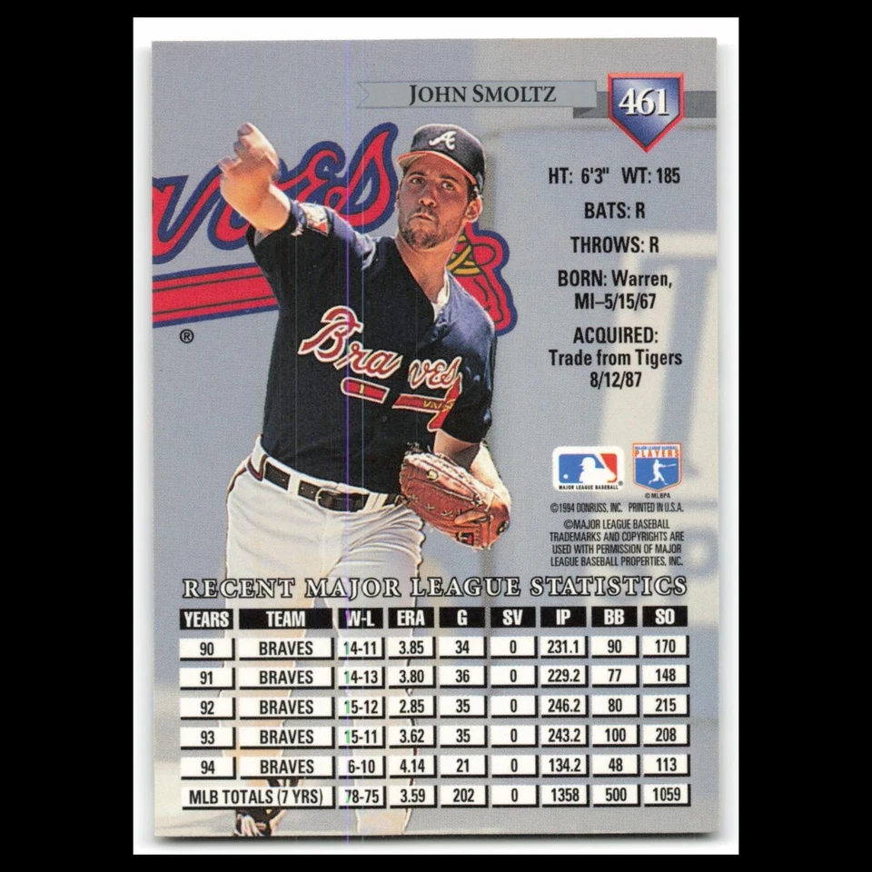 John Smoltz #461 1995 Donruss Atlanta Braves Baseball Card MLB NM - Image 2 of 3