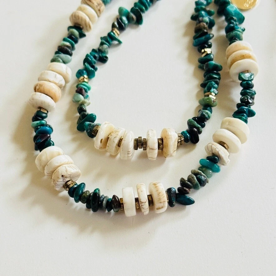 Perle by Lola Necklace Blue Turquoise Genuine beaded Collar Designer BOHO 43"L - Image 4 of 4