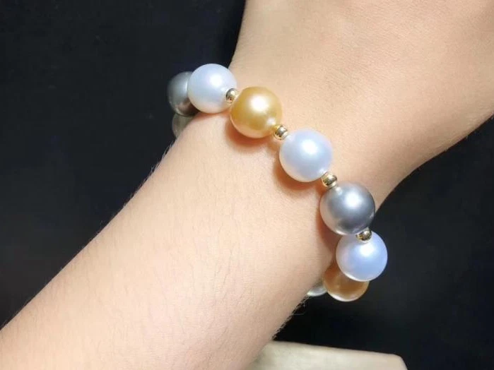 7.5" 9-10mm Natural South Sea Genuine White Gray Gold Round Pearl Bracelet - Image 2 of 2