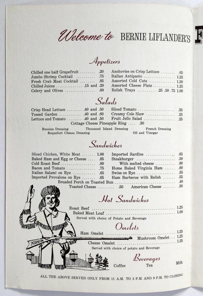 1962 Original Vintage Menu Bernie Liflander's FORT PITT INN Oakdale ...