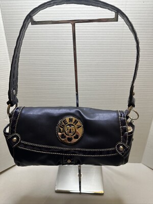 Genna De Rossi Navy Crocodile Trim Barrel Purse W/Charms & Heart Lock Key Chain