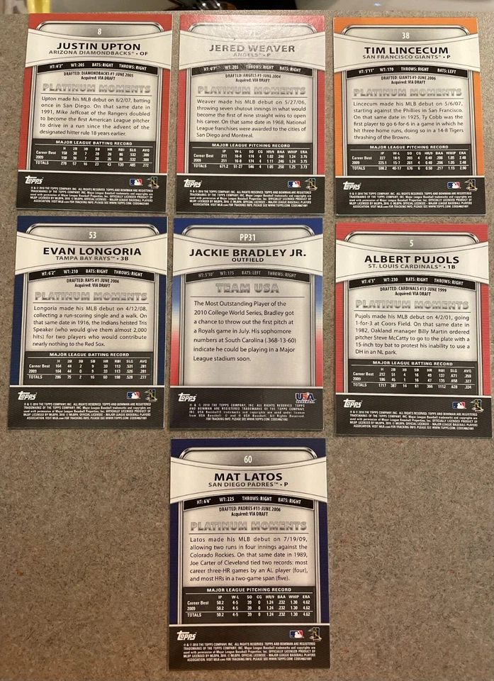 Lote de 7 tarjetas de jugadores de béisbol Bowman Platinum 2010 excelente estado NUEVO Foto 2 de 2