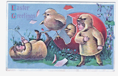 Easter Vintage Postcard Children Dressed in Chick Costumes Break Egg Hatchet