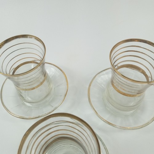 Pasabahce Turkish Tea Glasses & Saucers Gold Band Trim Set of 5 Vintage - Picture 5 of 6