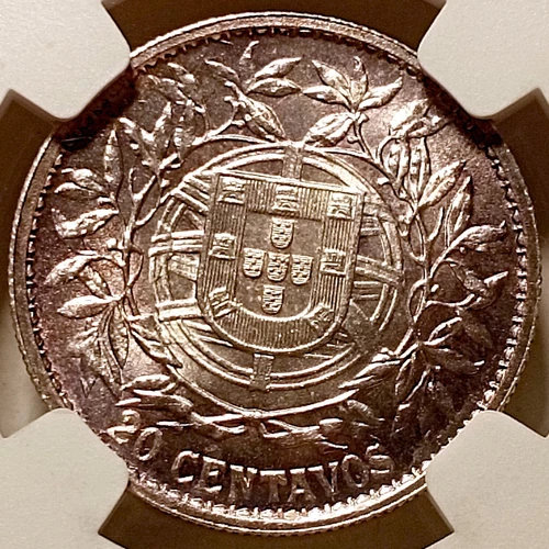 NGC MS62 - Portugal 20 centavos 1916 coin (SILVER! Nicely toned!)