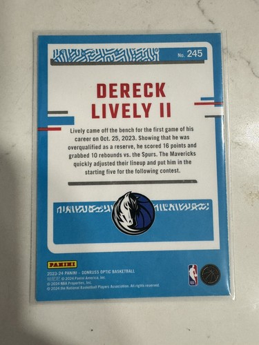 Dereck Lively II 2023-24 Donruss Optic #245 Rated Rookie-Dallas Mavericks - Picture 2 of 2