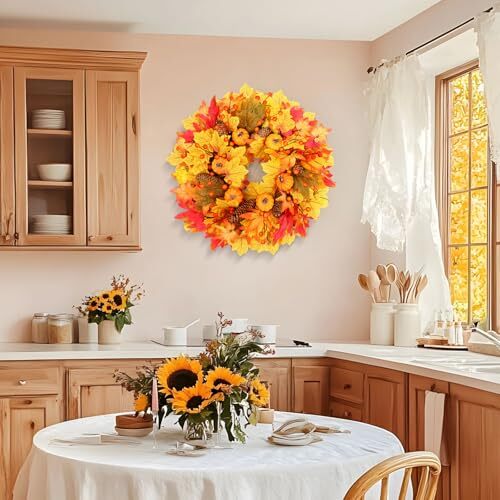 Fall Wreath 20'' in Front Door Artificial Autumn Wreaths with Maples Orange - Picture 6 of 8