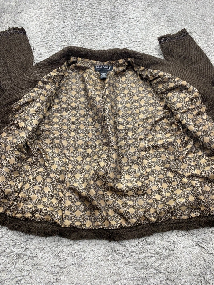 Dialogue Jacket Women 16 Brown Tweed Wool Blend Fringe Trim Blazer Chore Coat - Image 3 of 4