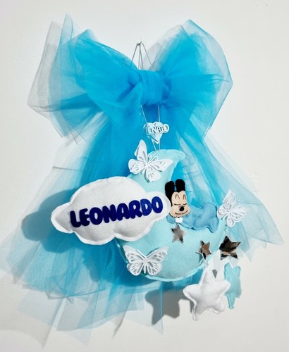 Fiocco nascita coccarda per bimbo topolino con tulle celeste luna stella nome - Foto 2 di 10
