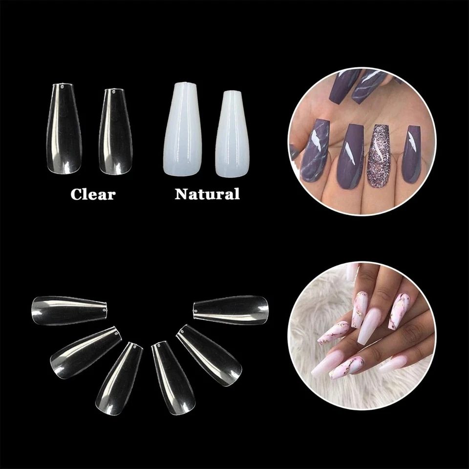 Long Ballerina False Nails 600pc Coffin Full Cover False Nails Natural / Clear