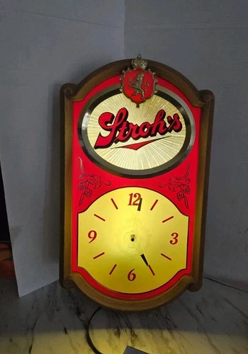 Vintage Stroh’s Beer Electric Light Up Clock Sign Working Clean Sign