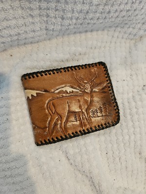 Vtg Artisan Made Leather Wallet Handcrafted  Deer And Mountains EUC 