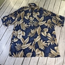 Pierre Cardin Men s XL Blue and Beige Tropical Leaf Button Down Hawaiian Shirt.