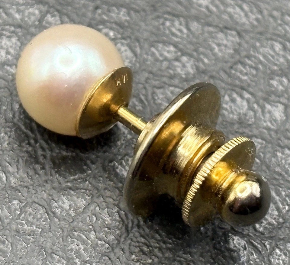 A real 14K gold and pearl tie tack from the vintage era — the kind of dapper detail that turns a suit into a statement.