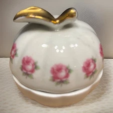 Vintage Porcelain Floral Trinket Dish w/ Lid APPLE SHAPE**FREE SHIPPIMG**
