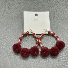 LOFT Earrings Red Beaded Hoop Womens Gold Ton...
