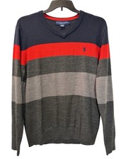 U.S. Polo Assn Men  s Size L Large V-Neck Sweater Red Blue Gray Stripes