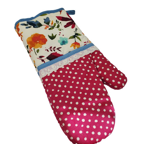 Pioneer Woman Red Willow Oven Mitt Rare HTF 100% Cotton Lace Polka Dots Floral