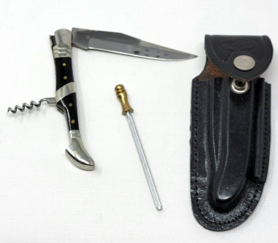 Fighter Plus Pocket Knife Wooden Handle, Corkscrew, Leather Sheath & Sharpener