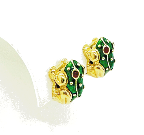 Rote Augen Baum Frosch Granat grüne Emaille 18kt Gelbgold Omega Clip Ohrring 14,93 g - Bild 3 von 13