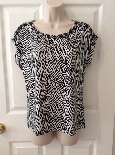 Ruby Rd. Petite Size PS Zebra Print Top Blouse Black And White Beaded Neckline